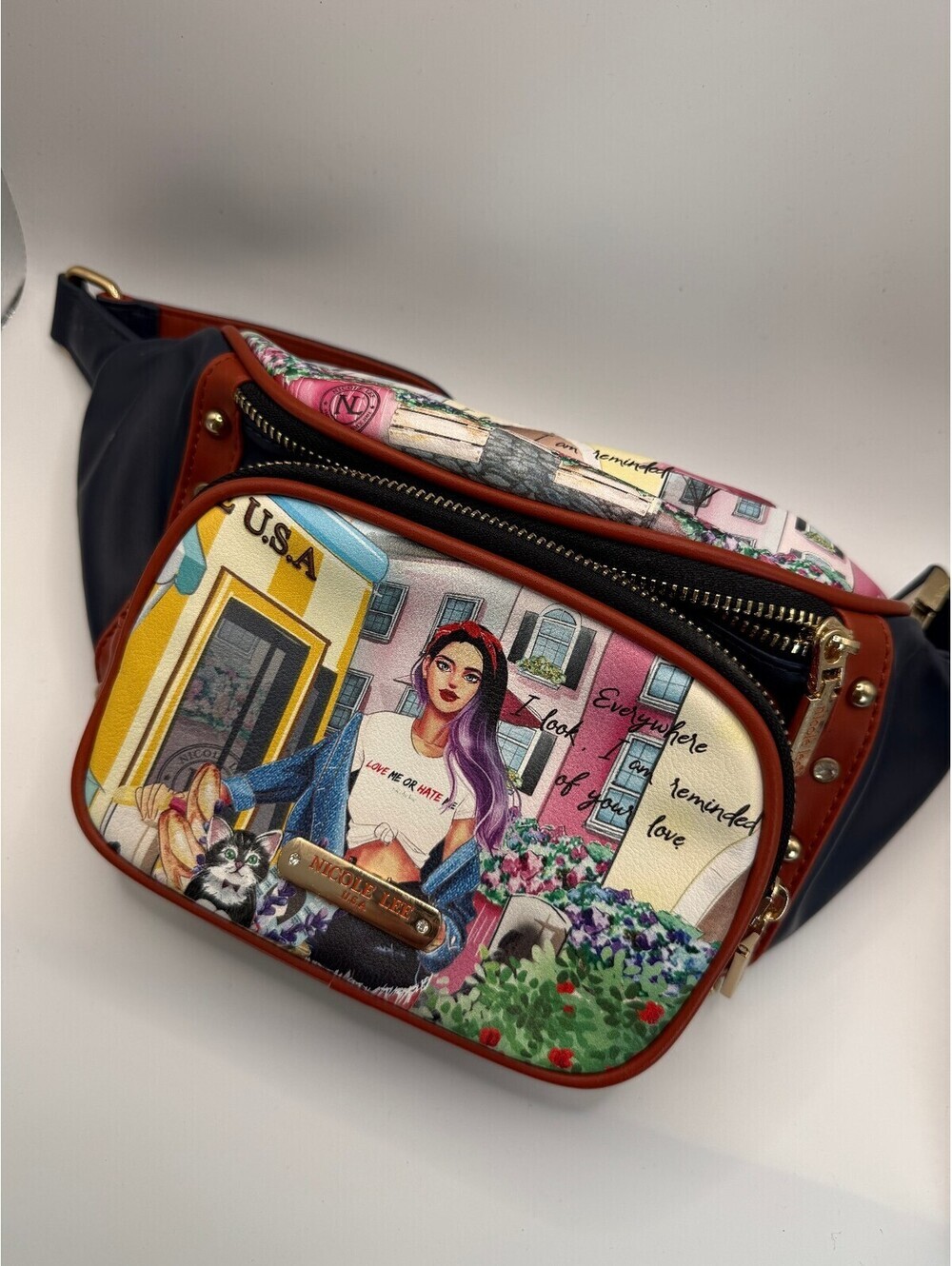 Nicole Lee U.S.A. Fanny Pack Bag In Cozy Street Milan Print NWOT